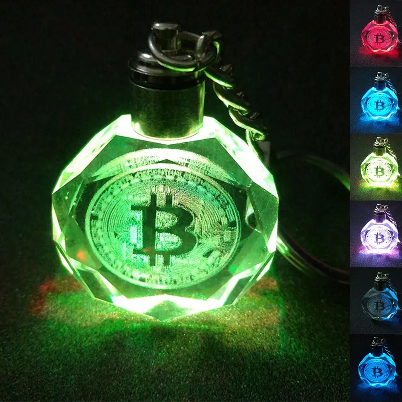 

K9 Crystal Pendant Keychain Bitcoin Shape Laser Engraved Flash Color Changing Led Light Chain Keyring Kids Christmas gifts
