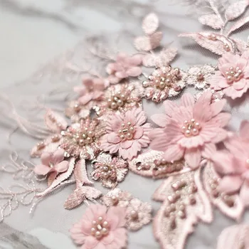 

2 Pieces/Lot 3D Pearl Beaded Wedding Dress Applique DIY Bridal Hair Flower Lace Collar Lace Fabric Patch