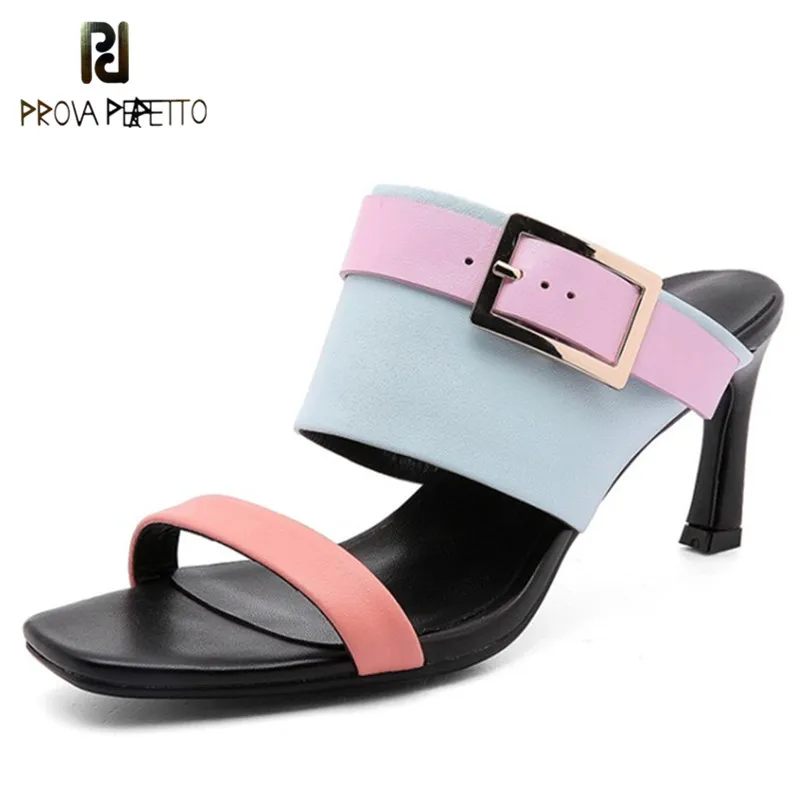 

Prova Perfetto New Summer Thin High Heels Slippers Women Narrow Band Rainbow Slippers Comfort Peep Toe High Heels Ladies Sandals