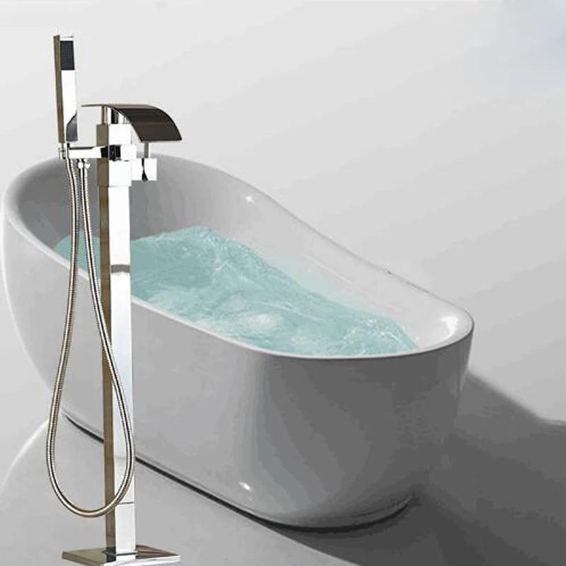 

Bathroom Faucet Floor Mounted Chrome Waterfall Bathtub Mixers Free Standing Hot and Cold Bath Shower Set Handshower