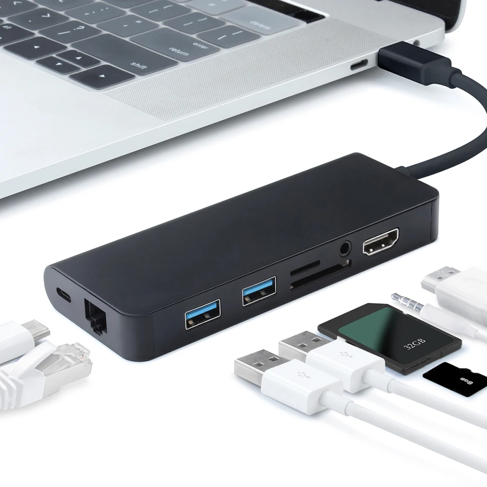 USB C концентратор 2 3,0 концентратор HDMI 3,5 мм аудио RJ45 гигабитный Ethernet адаптер для MacBook Pro air 13 15 16 samsung Galaxy S9 huawei P20