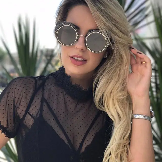 

Fashion Summer Styles Retro Women Cateye Sunglasses Brand Designer Rose Gold Sun Glasses Coating Mirror Flat Lens