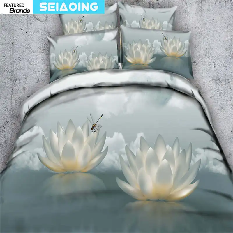 Chinese Lotus Bedding Set Dragonfly Printed Bedspreads King Full