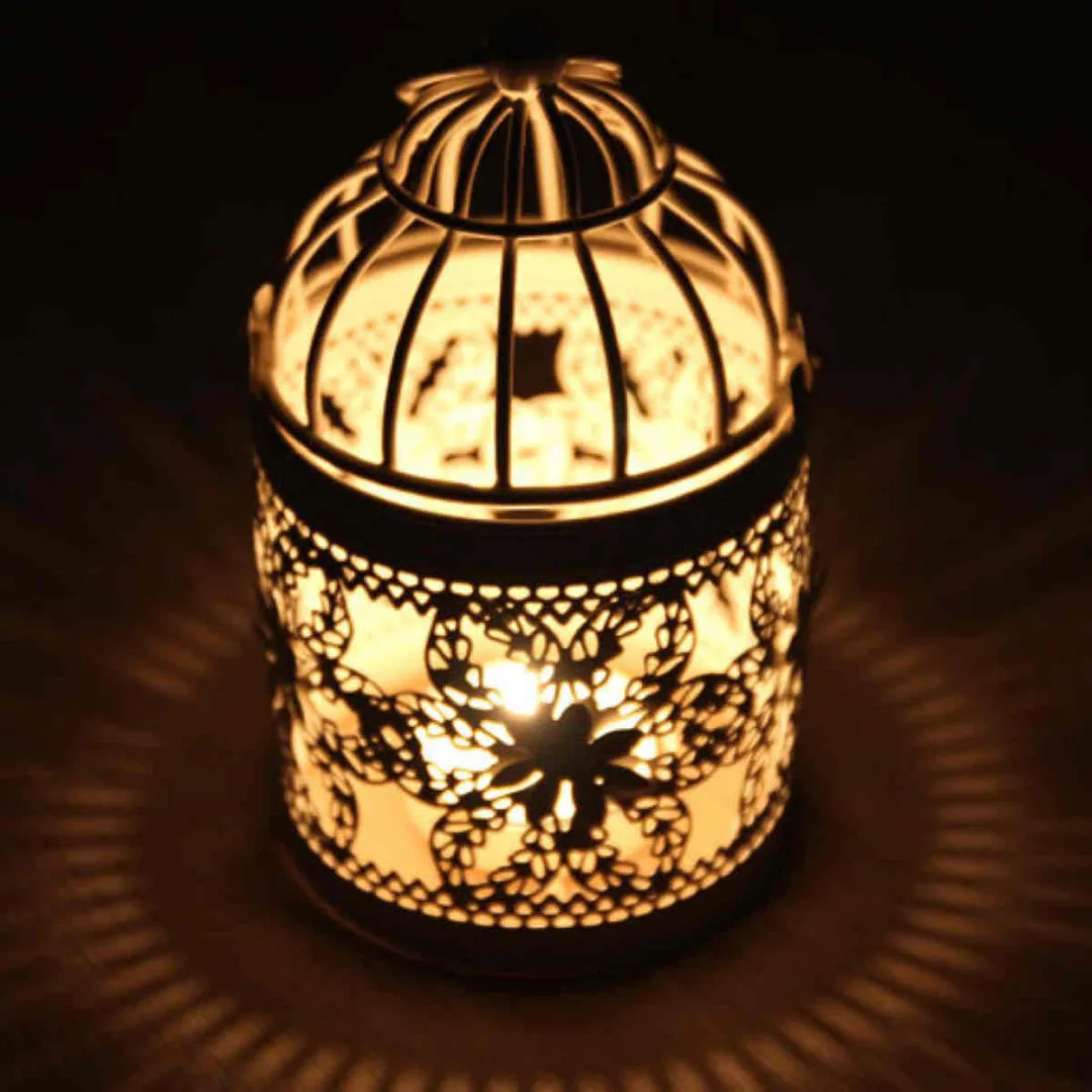 1pc Metal Hollow Candle Holder Tealight Candlestick Hanging Lantern Bird Cage White
