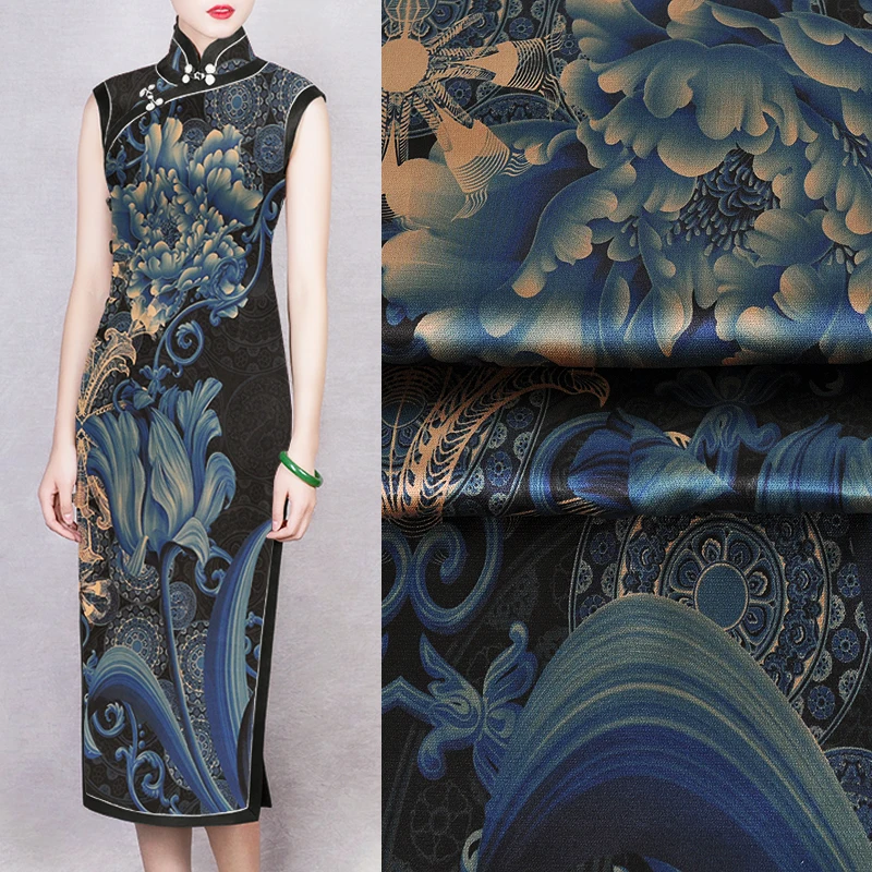 

135cmx118cm vintage flower Print black Stretch Silk Fabric
