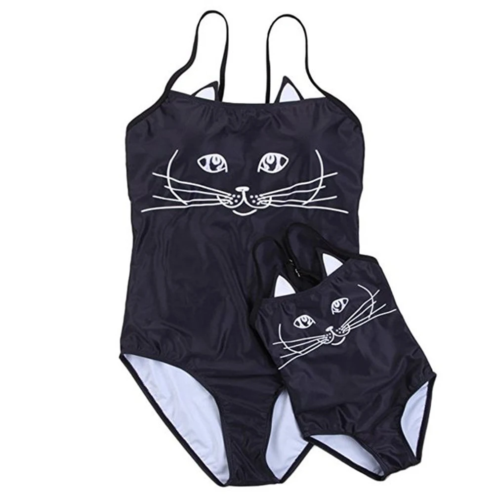 Mother Daughter Swimsuit One Piece Black Swimwear Matching Cat Ear