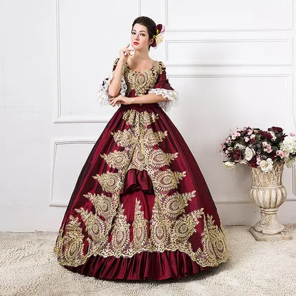 

18th Century Royal Short Sleeve Square Collar Gold Embroidered Victorian Period Party Dress Southern Belle Performance Dresses