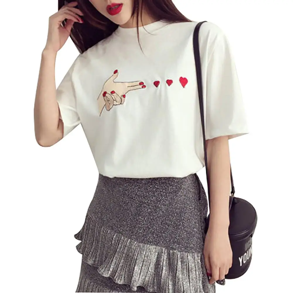 

Women Summer T shirt Fashion Causal Finger Heart Hand Short Sleeves T-shirts