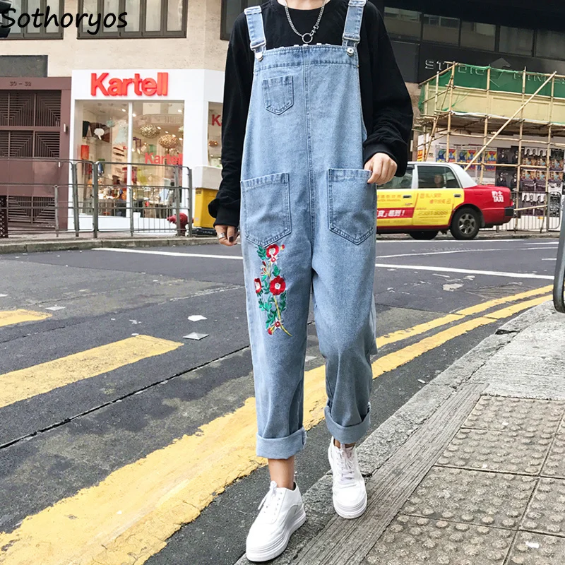 

Jumpsuits Women Floral Embroidered Trendy Denim Retro Pockets Womens Ankle-Length Jumpsuit Casual Korean Style All-match Student