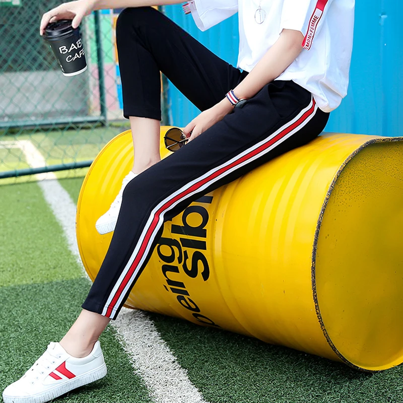 Harajuku autumn big Size M-XXL Sweatpants Women Casual cotton Harem Pants Loose Elastic Trousers Black Striped Side Sweat Pants Pants