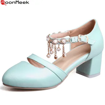 

MoonMeek white blue round toe size 43 fashion summer new 2020 buckle square heel casual women high heels sandals