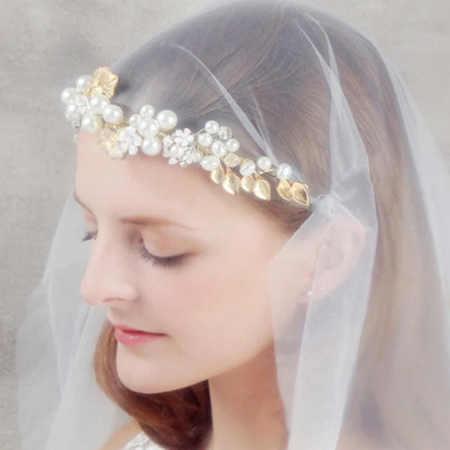 Handmade Gold Leaf Flower Headpieces Luxury Hairwear Pearl Hair Handmade Gold Leaf Flower Headpieces Luxury Hairwear Pearl Hair Jewelry Bridal Tiara Veil Wedding Accessories