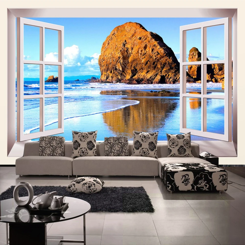 カスタム写真の壁紙 3d 立体窓ビーチ風景テレビの背景の壁壁画印刷壁紙 Papel ピンタード Papel Pintado Tv Backgroundphoto Wallpaper 3d Aliexpress