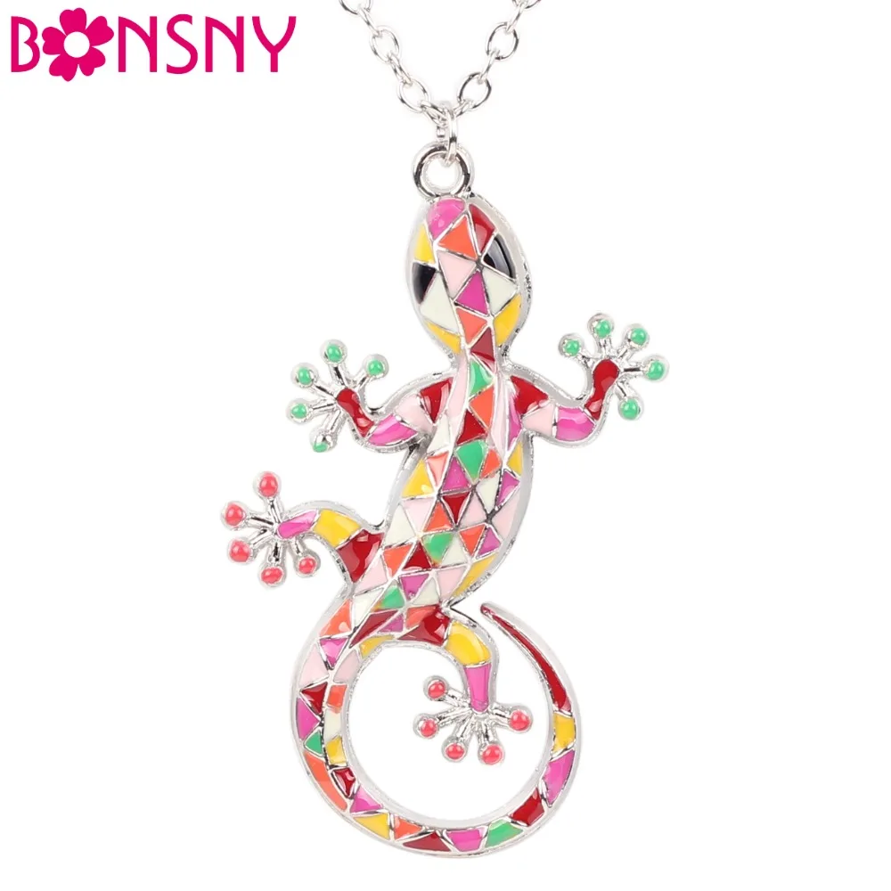 

Bonsny Statement Collar Alloy Enamel Gecko Lizard Necklace Long Chain Pendant News Choker Fashion Jewelry For Women Accessories