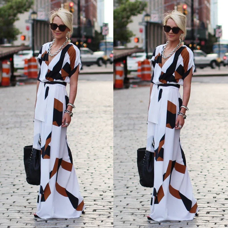 

Fashion Casual Summer Dress Newly 3 Style Women Deep V-Neck Slim Geometric Print Sashes Ankle-Length Dress