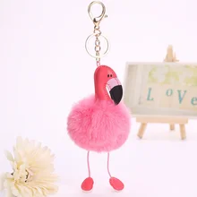 Lovely Cute Cartoon Flamingo Keychain Rings Pom Pom Artificial Fur Keychain Women Girl Bag Charm Pendant Keyring Jewelry