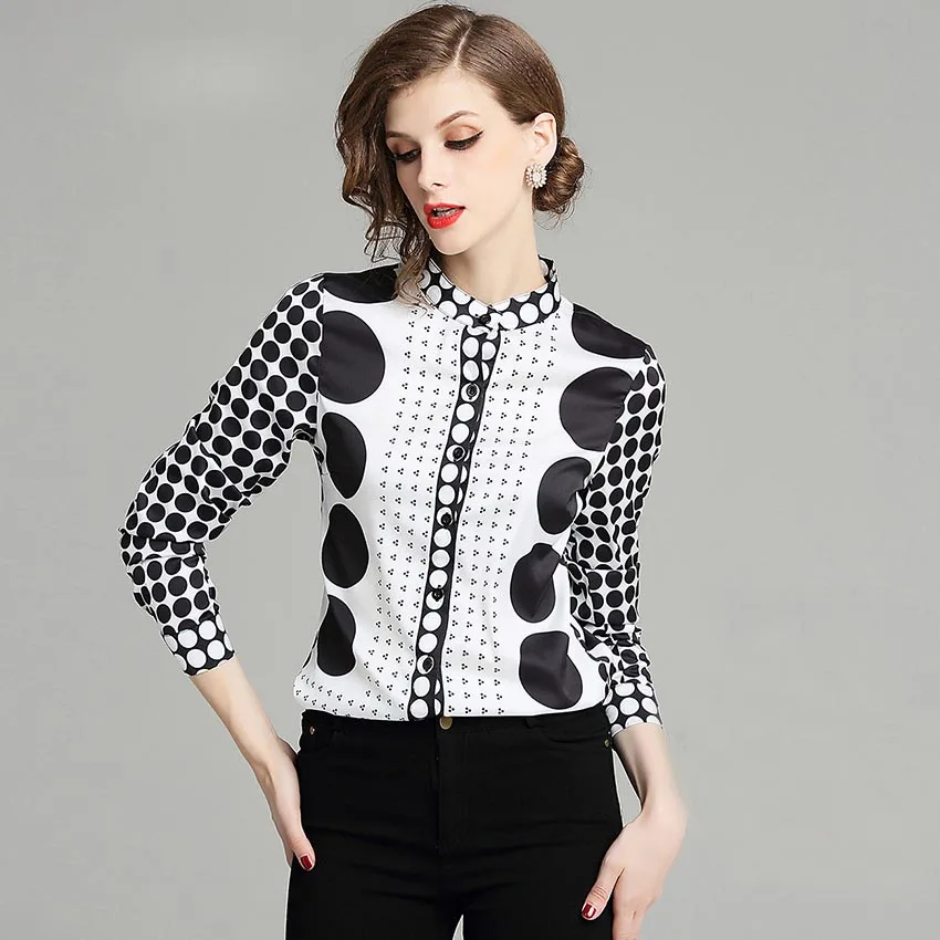  Women Autumn Runway Stand Collar Blouses Fashion New White Black Point Print Long Sleeves OL Shirt 