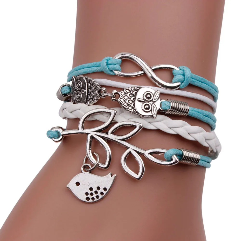 JOVANA Vintage Handmade Infinity Silver 8 Owl Leaf Bird Leather Bracelet Wristband New