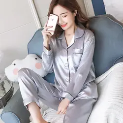 Женские шелковые пижамы пижамный комплект с длинным рукавом пижамы Pijama костюм женский сна комплект из двух предметов Loungewear плюс размеры