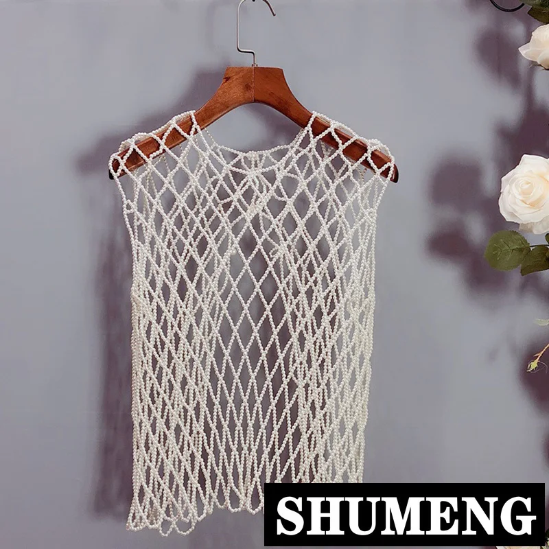 2019 Spring Summer New Diamond Back Opening Heavy Pearl Vest Women's Beading Tank Top Clothes Accessories