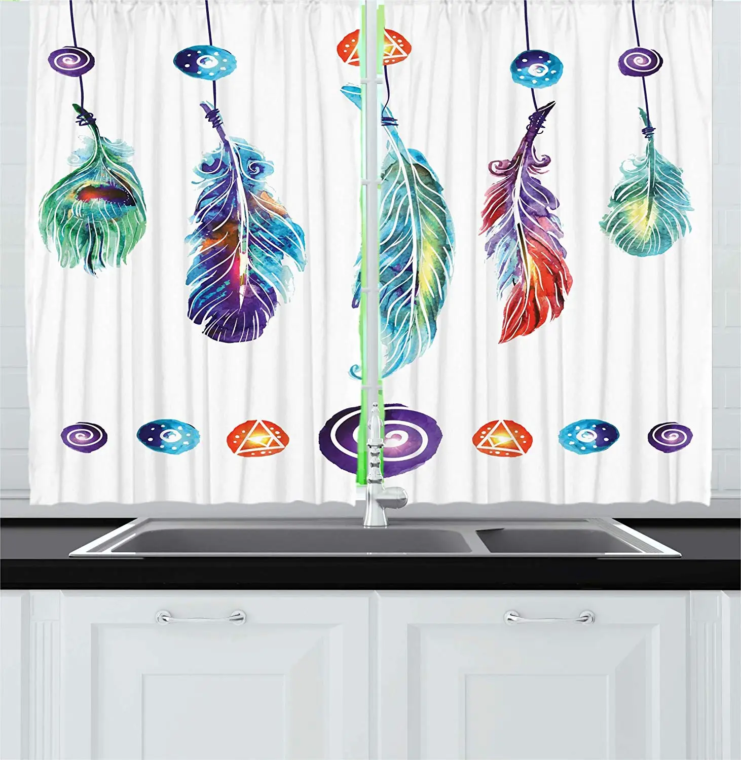 

Boho Curtains Several Tribal Feather Collection in Psychedelic Hippie Universe Cosmos Harmony Forms Window Drapes for Bedroom