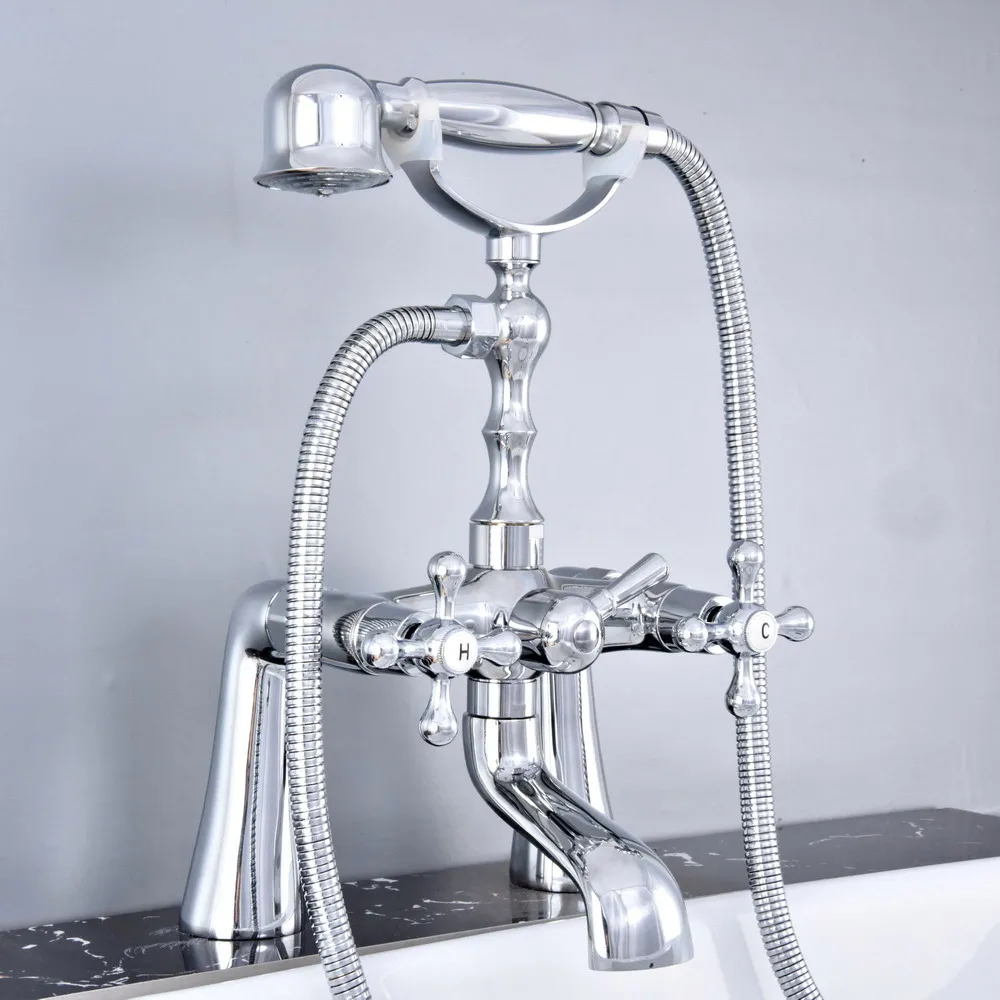 

Polished Chrome Deck Mounted Bathroom Tub Faucet Dual Handles Telephone Style Hand Shower Clawfoot Tub Filler atf769