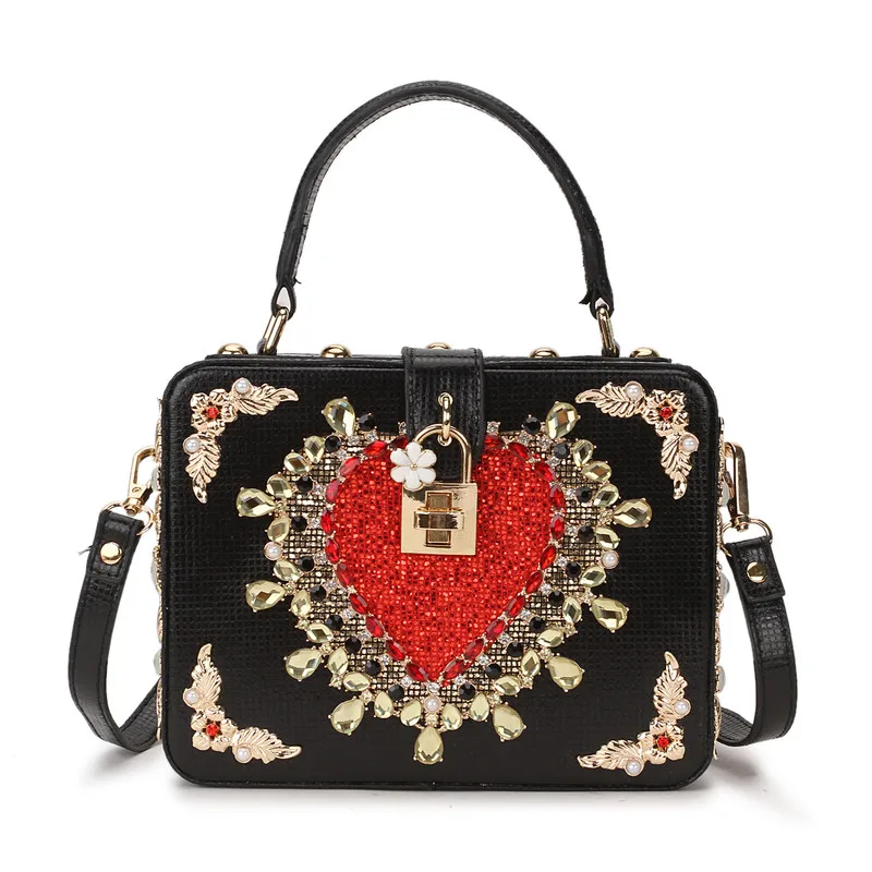 New Design Box Shape Luxury Red Hearth Diamond Crystal Party Handbag Shoulder Bag Women's