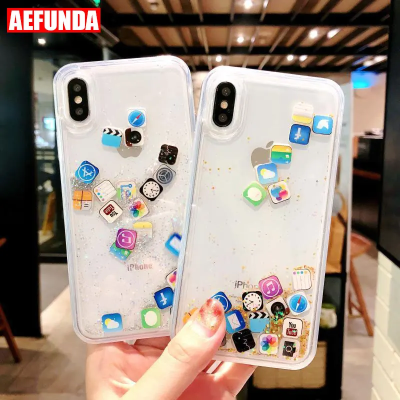 

Cute Apps Icon Emoji Case for iPhone 6 6S 7 8 Plus Hard Liquid Glitter Quicksand Cover For iPhone X XR XS Max Fundas Cases Coque