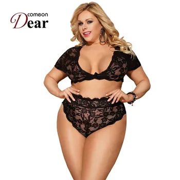 

Comeondear Lace Sexy Woman Lingerie Feminin Set Plus Size Transparent Bra Set Floral V neck Short Sleeve Underwear Set RA80760