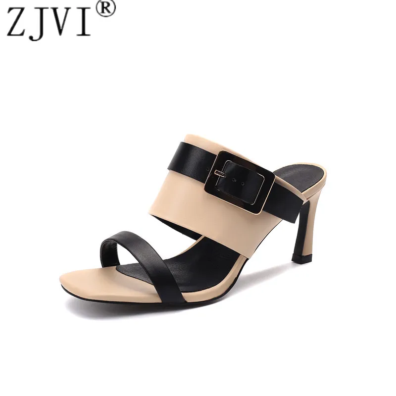 

ZJVI 2019 new Women genuine leather sandals Woman 7cm thin high heels summer shoes sandalias zapatos de mujer femme slippers