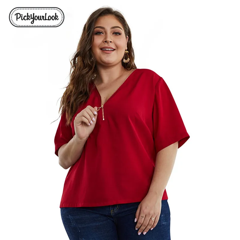 

Pickyourlook Zipper Tshirt Tops For Women Plus Size Red V Neck Half Sleeve Female Tee Shirt T-Shirt Lady Summer Large Camicette