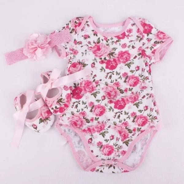 

3pcs Newborn Infant Baby Girl Floral Bodysuit headband Shoes Sets Clothes
