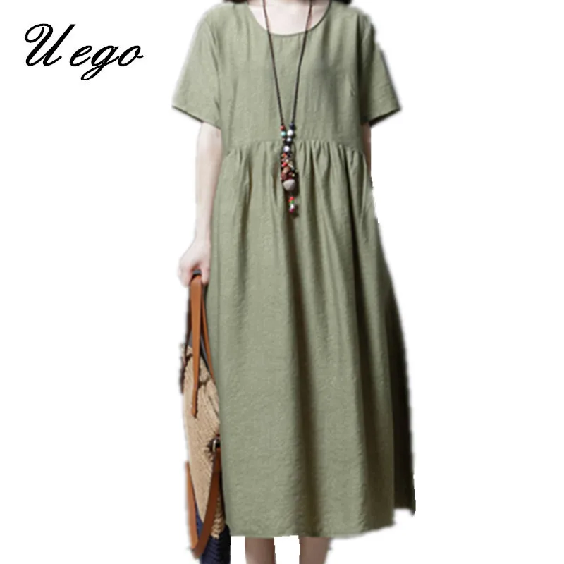 

Uego Short Sleeve Loose Summer Dress Slim Waist Cotton Linen Vintage Dress 2019 New Arrival Plus Size Women Casual Party Drress