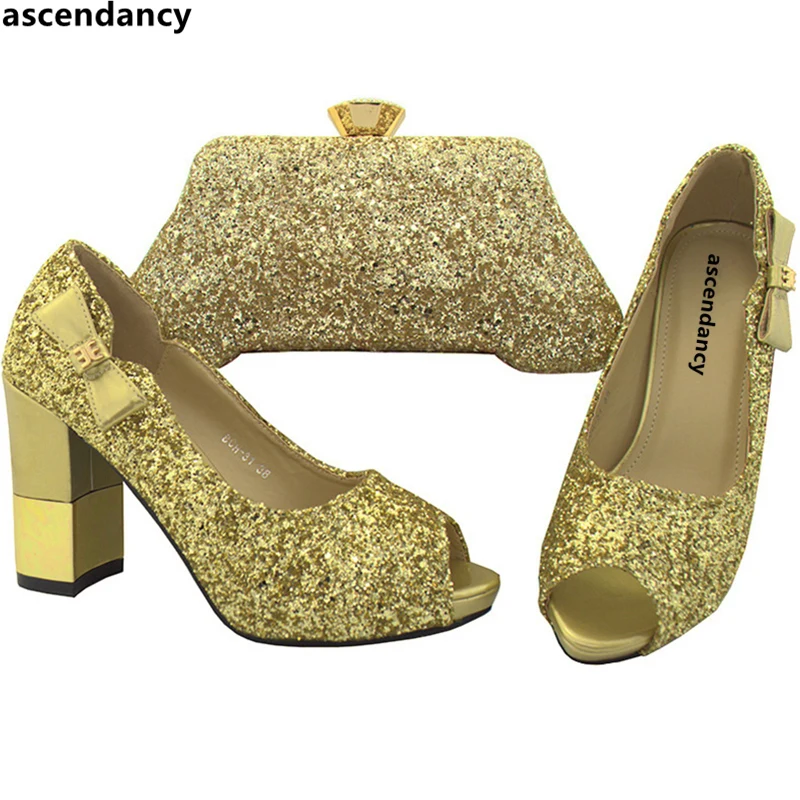 

Latest Gold Color Italian Shoes with Matching Bags for Wedding Italy Matching Italian Shoe and Bag Set African Shoe and Bag Set