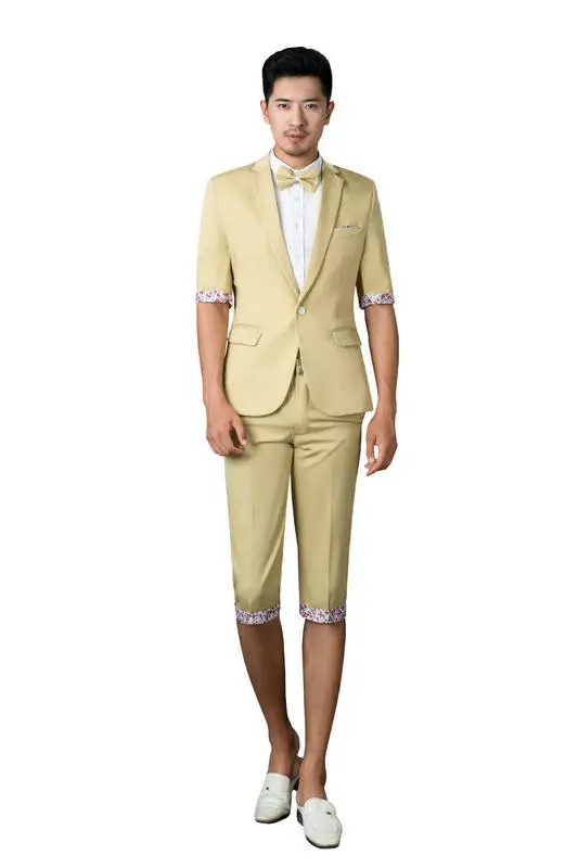 Korean Short Sleeve Color Suits for Men - Photography Cultivating Leisure Suit, Theatrical Costume Pants, Small Suit image 2