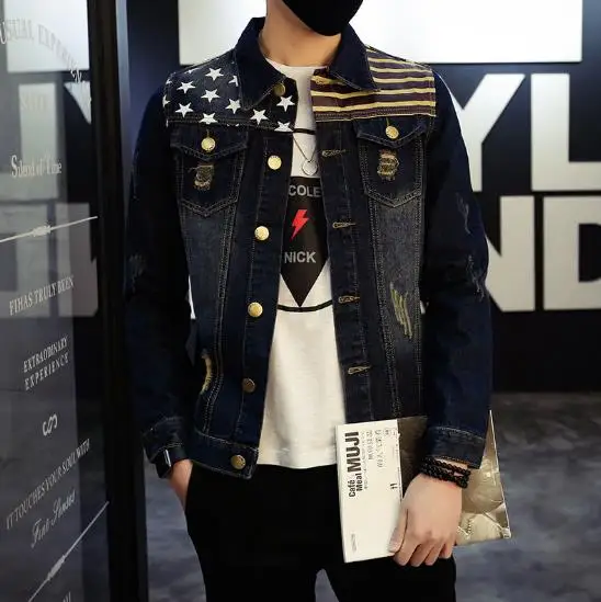 2017 New Autumn Bomber Jacket Men Fashion Flag Print Jackets Men Denim Jacket Slim Fit Plus Size Windbreakers For Men M-5XL