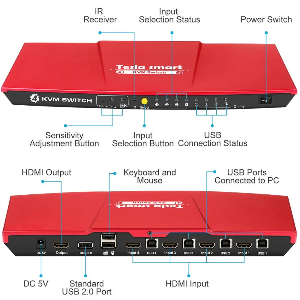 Tesla smart KVM Switch 4 порта USB2.0 KVM HDMI коммутатор Поддержка 3840*2160/4K* 2K IR дополнительный USB 2,0 Unix/Windows/Debian/Ubuntu/Fedora