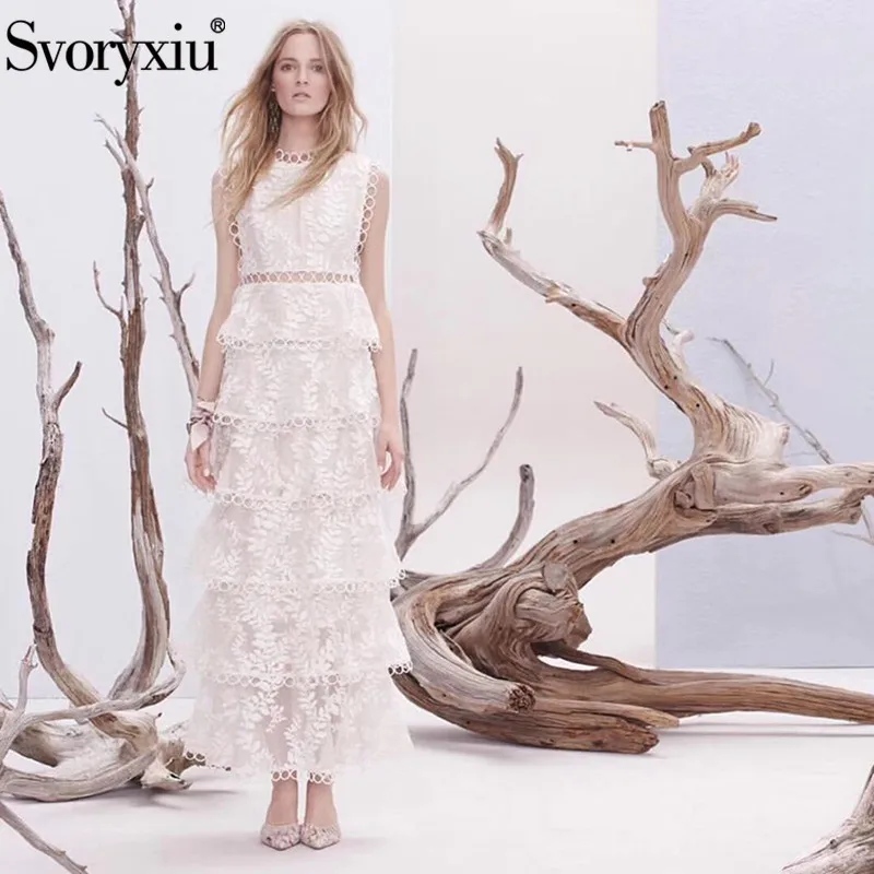 

Svoryxiu Elegant Tiered Ruffles White Cake Long Dress Women's Runway Designer Summer Party Tank Maxi Dress Vestdios