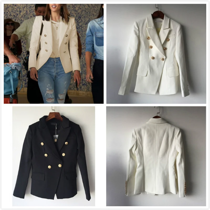 High Quality 2019 Designer Black White Jacket Blazer Coat Women's Gold Buttons Double Breasted Office Ladies Blazers Plus Size