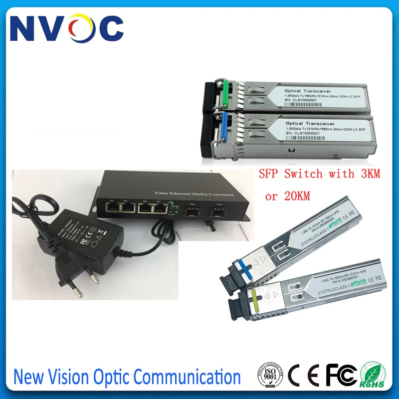 10/100/1000 м 4RJ45+ 1000 м 2SFP, евро зарядка, внешний источник питания, неуправляемый волоконно-оптический переключатель+ 1,25G, SM, 1310/1550, 3 км, DDM, SC SFP