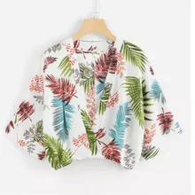 Chiffon Blouse Three-quarter Sleeve Floral Print Blouse Deep V-neck Lady Office Shirt Tunic Casual Loose Tops Blusas C1027