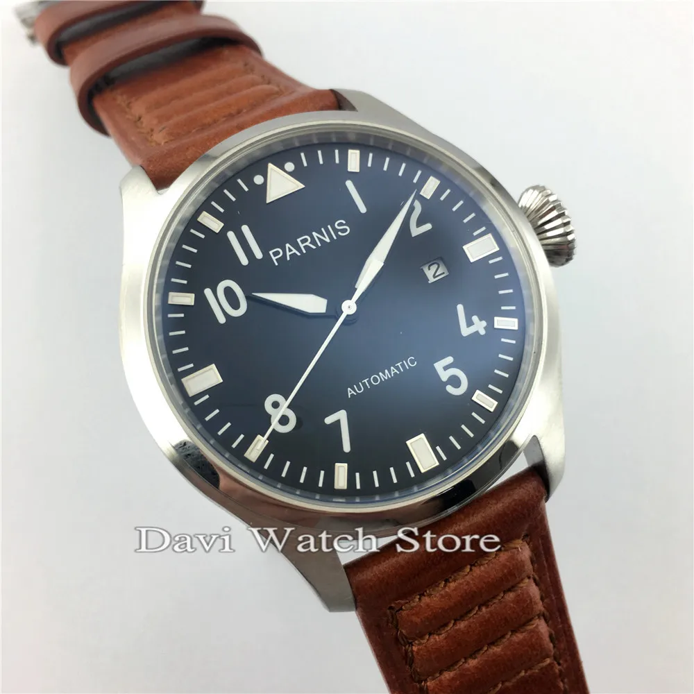 

47mm Parnis Leather Strap Seagull Automatic Movement Stainless Steel Mens Watch