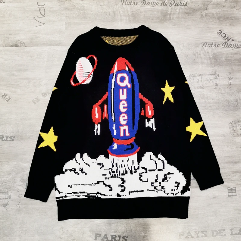 

Luxury Designer Brand Knitted Sweater for Women Runway O Neck Queen Rocket Universe Stars Knitted Pullover Sweater