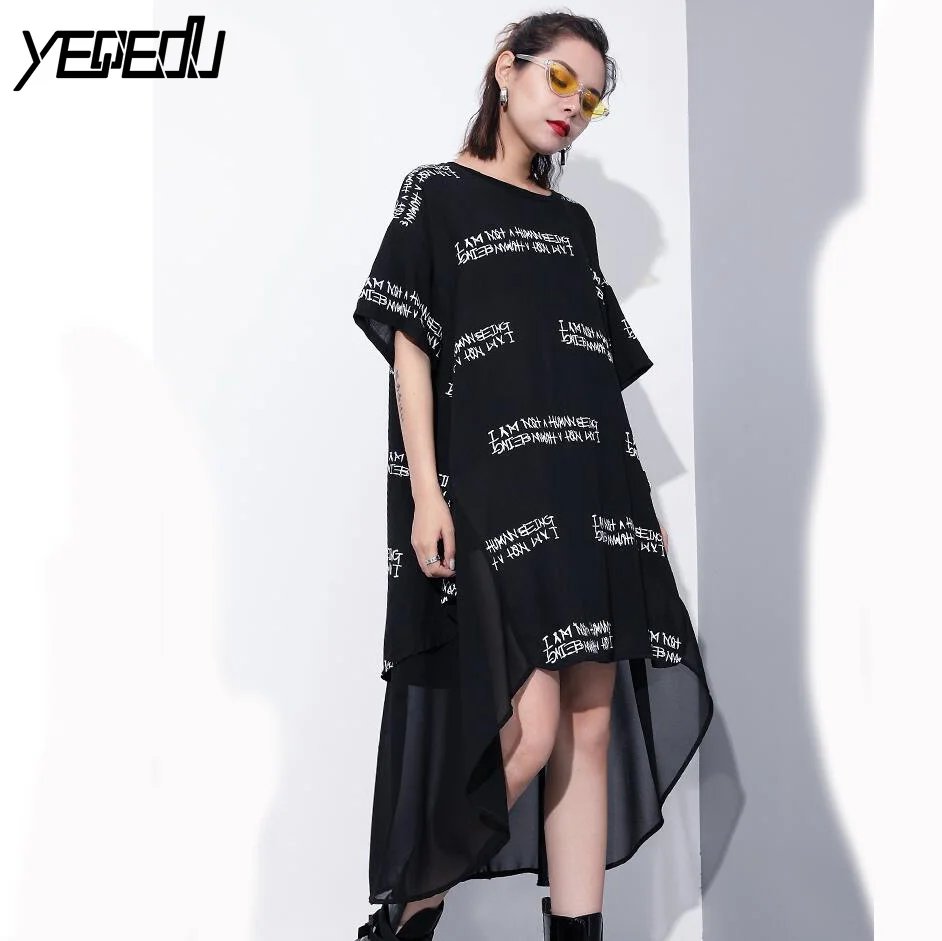 #1822 Summer chiffon dress 2018 Gauze split joint O-neck Oversize Asymmetrical Cotton linen Dovetail Sexy Black/White | Женская одежда