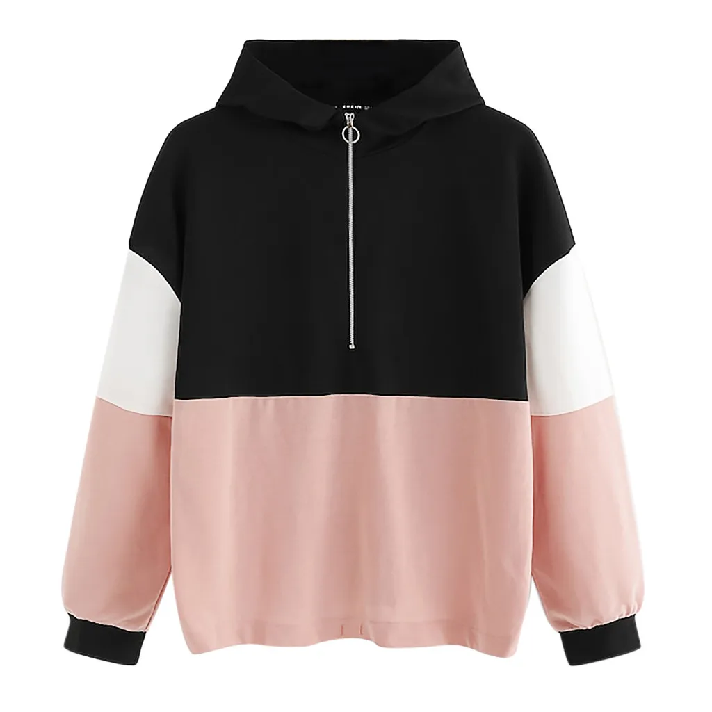

Women Zipper Hoodie Jumper Long Sleeve Patchwork Color Block Loose Sweatshirt Pullover Tops Autumn Winter Casual Coat