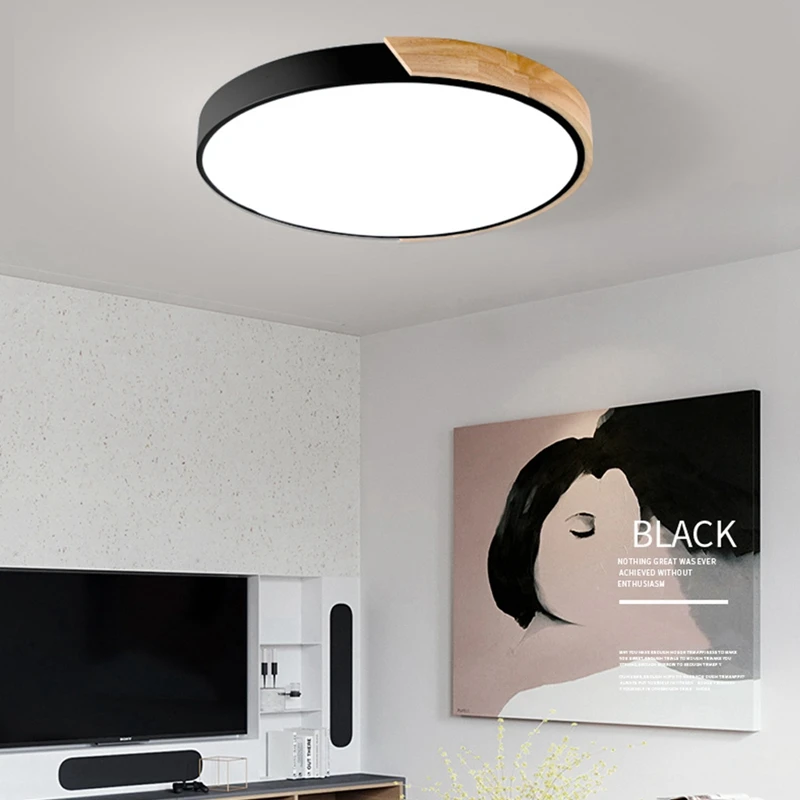 

Ceiling Light 18W Nordic Wooden Application Living Room Round Bedroom Led Light Black (Warm Light) Rubber Wood + Wrought Iron