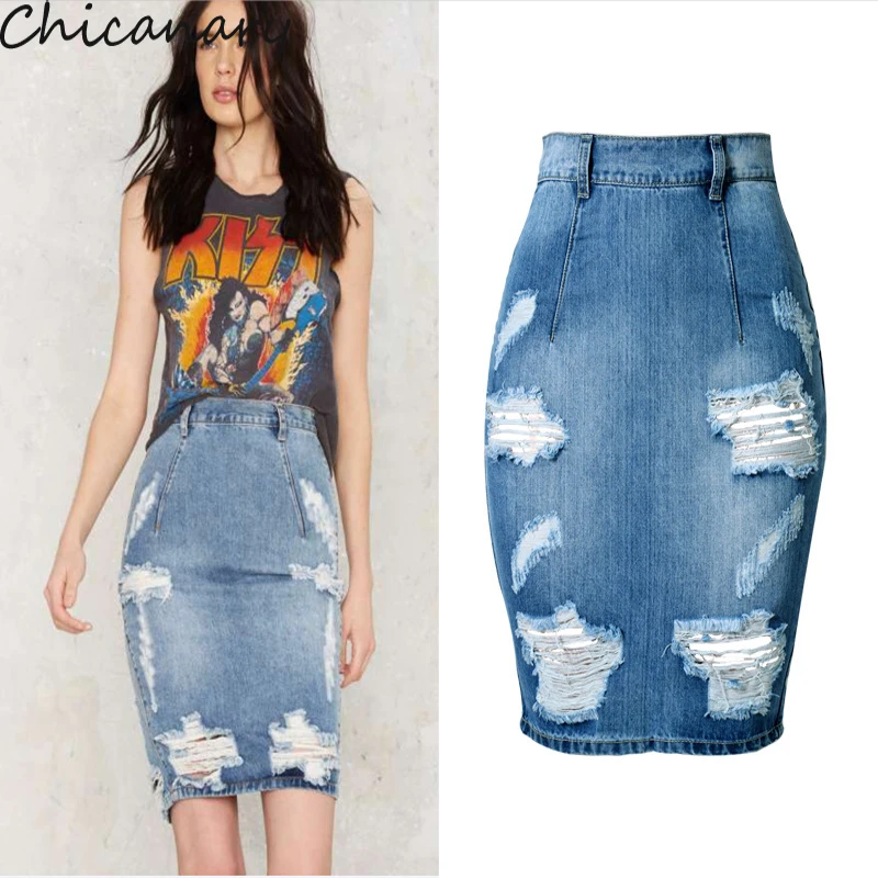 High Waist Ripped Split Frayed Women's Denim Jean Hobble Pencil Skirts