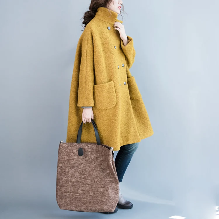 Yellow Oversized Notched Neck Thickened Coat (2)
