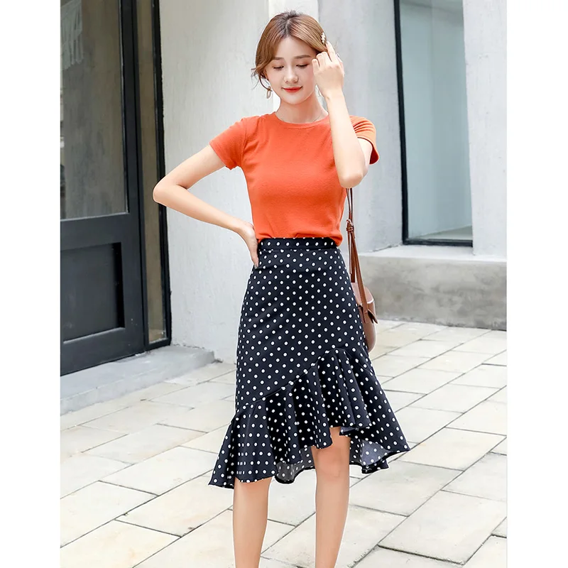 Saiqigui fashion Spring Summer Women Skirts Korea style Ruffled High Waist Black/white Polka Dot irregular Mermaid Skirt