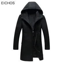 EICHOS Mens Hooded Wool Coat Fashion Zipper Pea Coat Jackets Slim Men Long Coats Winter Warm Hoodies Jacket Men NZY1812